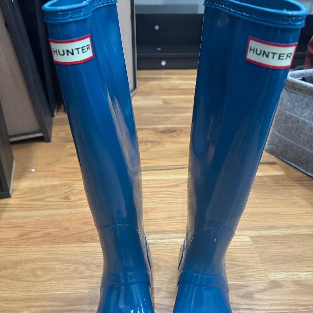 Hunter Original Tall Gloss Rain Boots Women’s Blue High Shine Waterproof Size 9